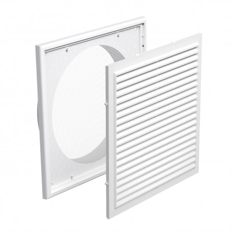 Grilă de ventilație din PVC cu plasă anti-insecte, jaluzele fixe 250x250 mm cu flanșă Ø 200 mm, albă