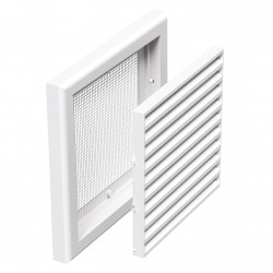 Grilă de ventilație din PVC fără flanșă cu jaluzele fixe și plasă anti-insecte 154x154 mm, albă