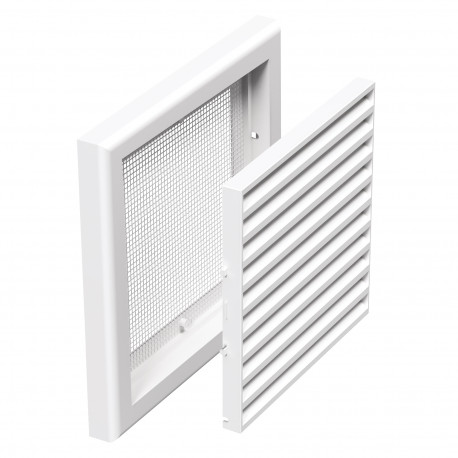 Grilă de ventilație din PVC fără flanșă cu jaluzele fixe și plasă anti-insecte 186x186 mm, albă