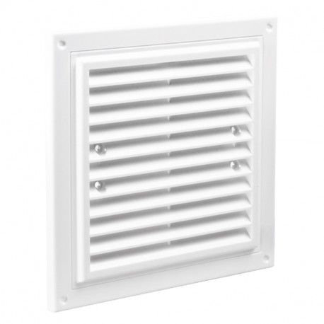 Grilă de ventilație din PVC fără flanșă cu jaluzele fixe și plasă anti-insecte 350x350 mm, albă