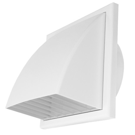 Grila de ventilație PVC cu clapetă antiretur și flanșă cu protecție vănt și ploaie 187x187 / Ø 150 mm, albă