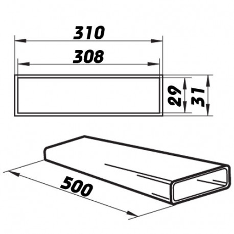 Conductă rectangulară rigidă plastic 308x29 mm, lungime 500 mm